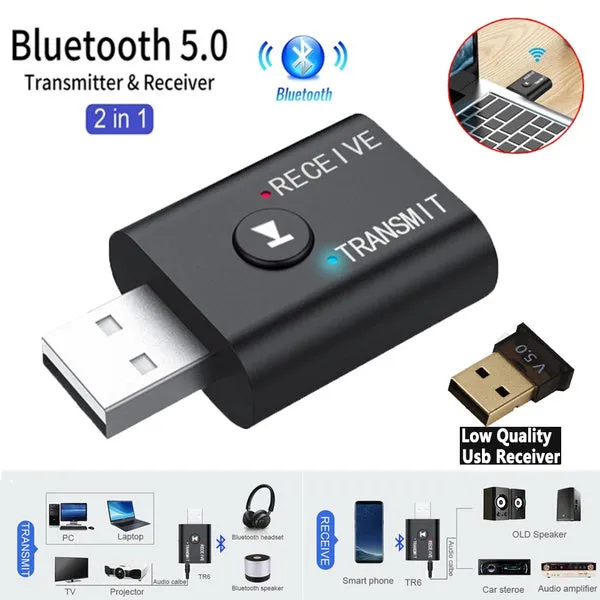 2-Piece: 2-in-1 USB Wireless Bluetooth Adapter 5.0 Transmitter